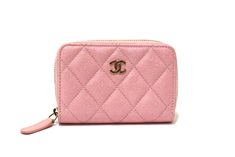 Authentic Chanel Iridescent Rose Pink Quilted Caviar Leather Classic Zipped Coin Purse