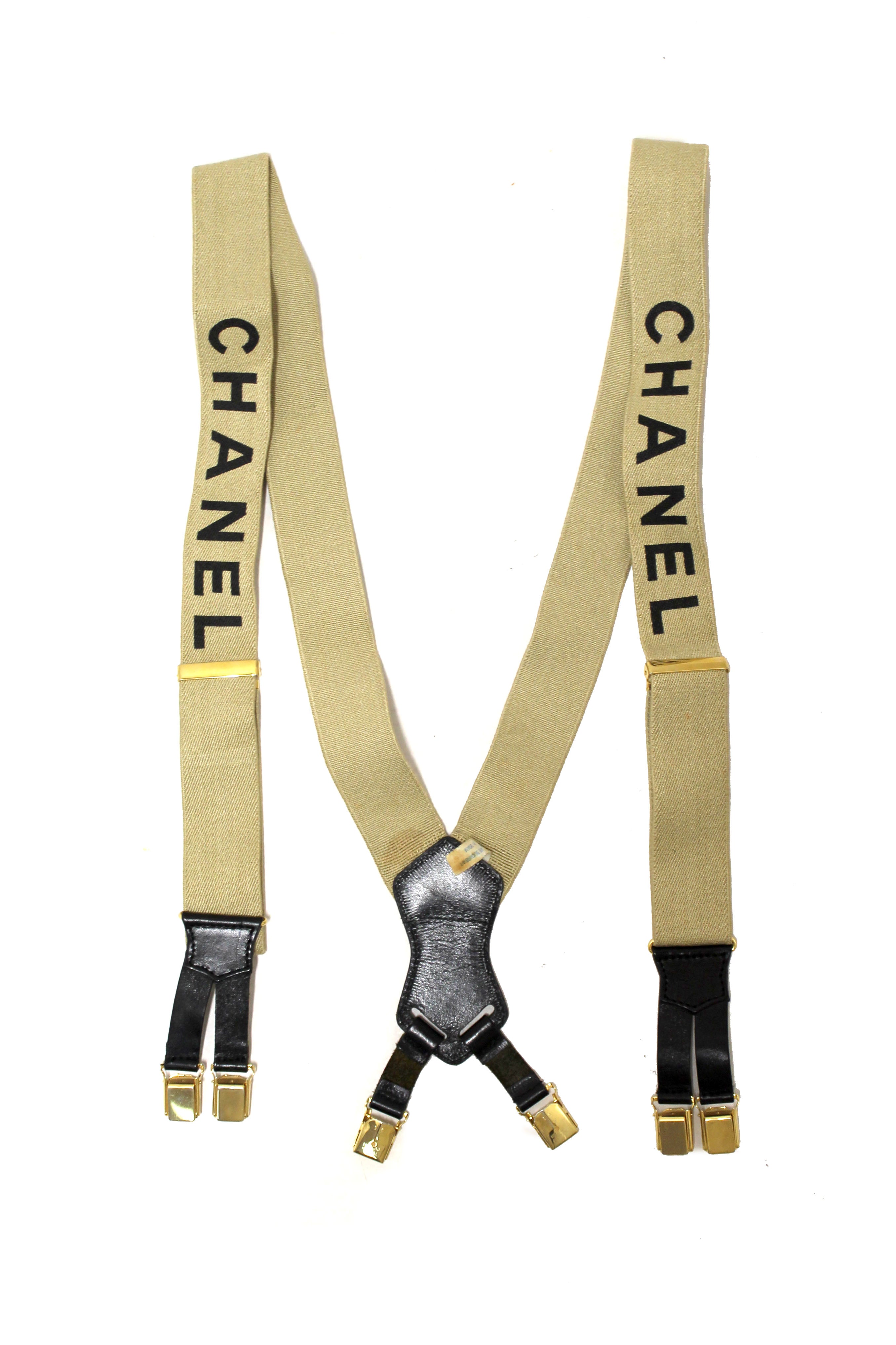 Authentic Chanel Classic Rare Black and Beige Vintage Logo Suspenders Belt