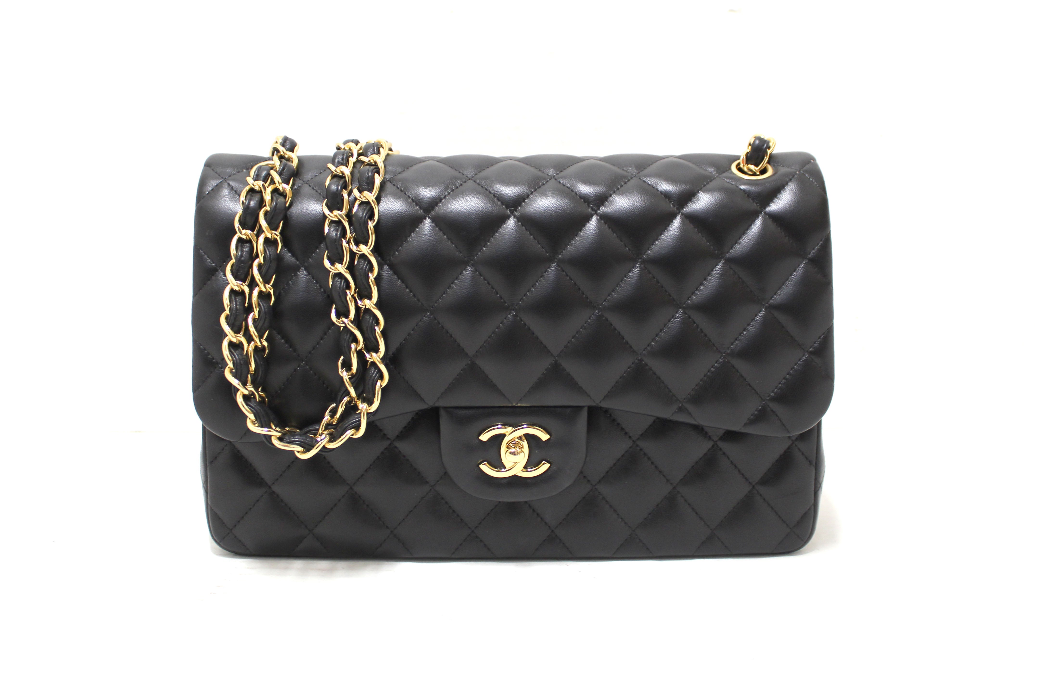Authentic Chanel Black Quilted Lamskin Leather Classic Jumbo Double Flap Bag