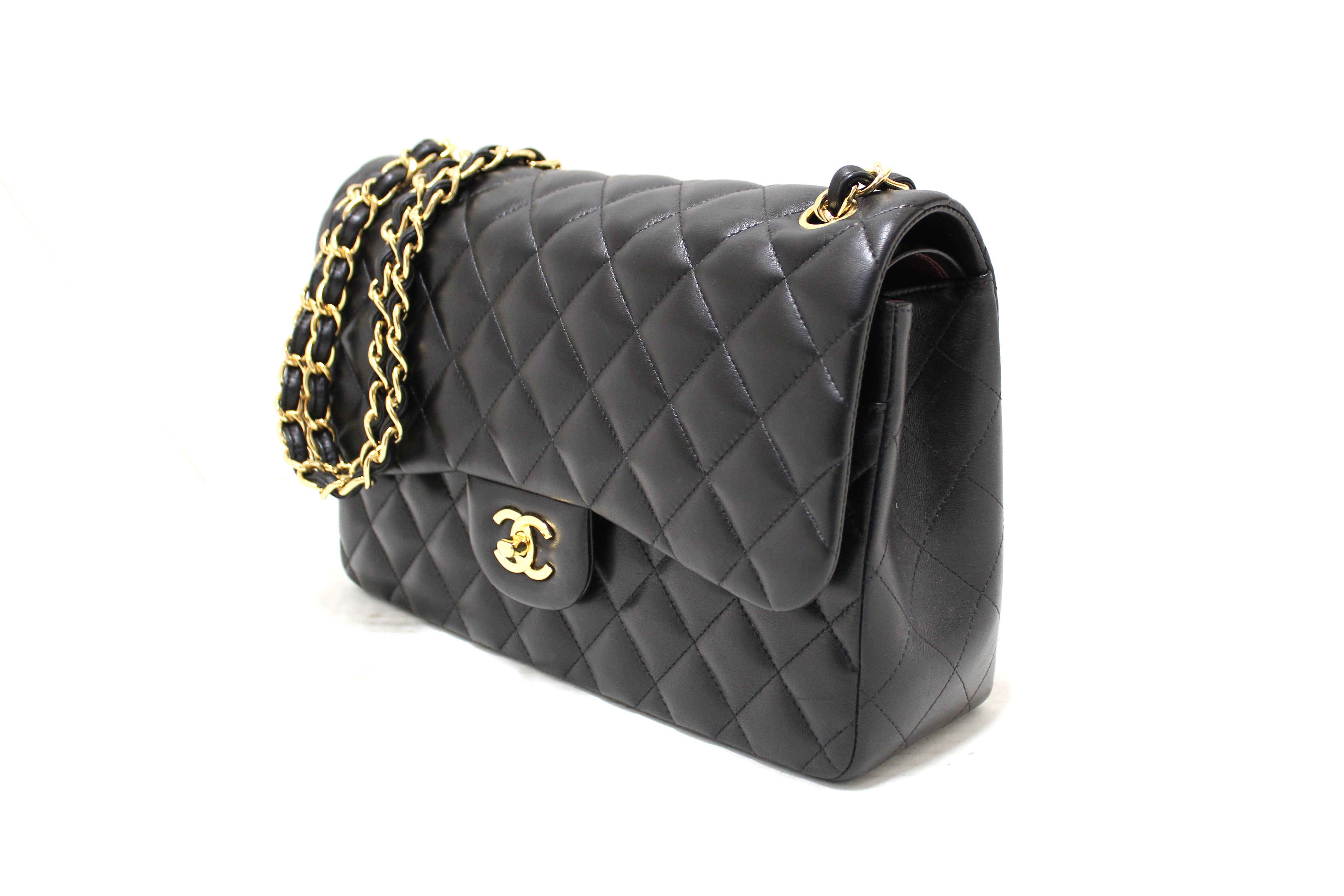 Authentic Chanel Black Quilted Lamskin Leather Classic Jumbo Double Flap Bag