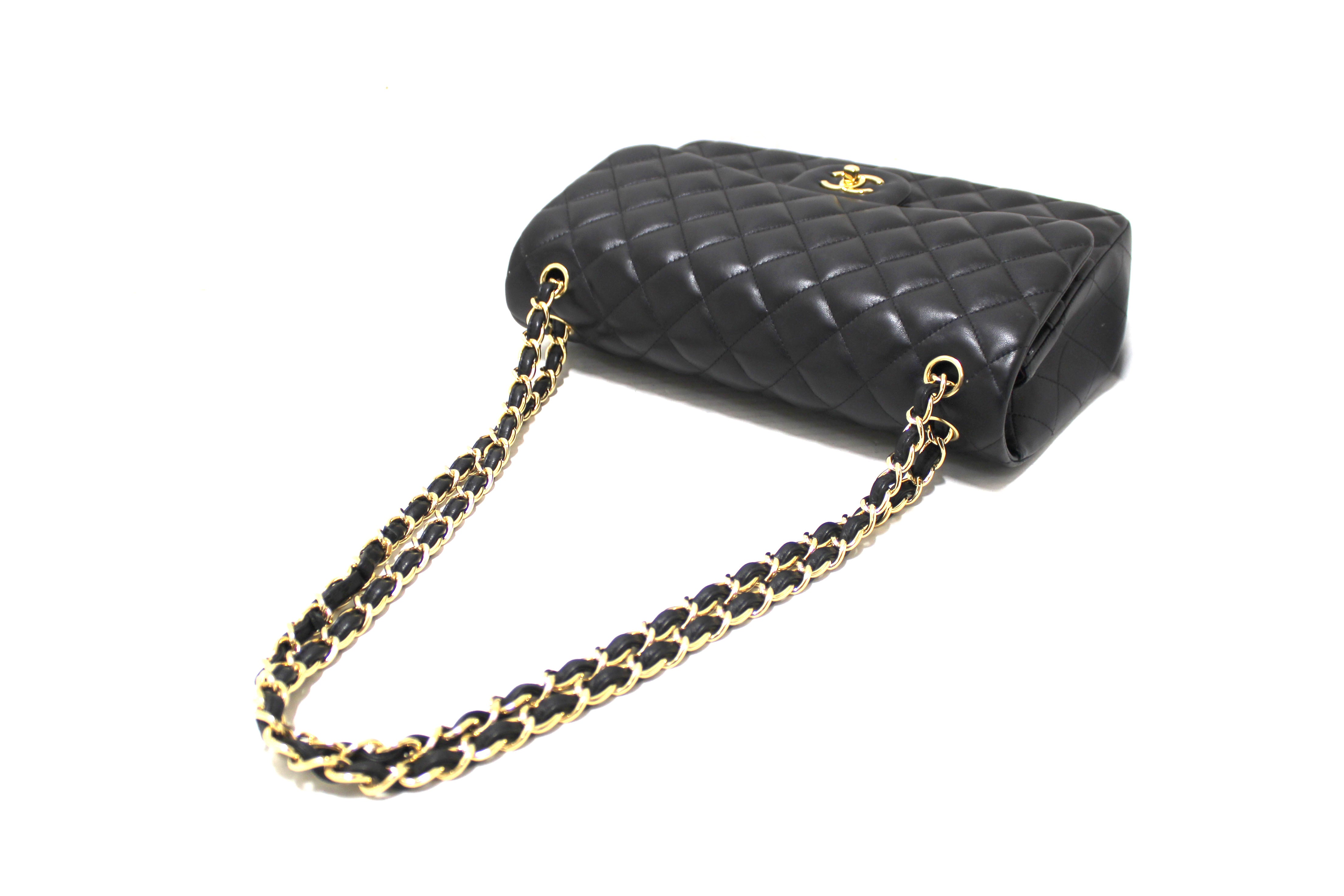 Authentic Chanel Black Quilted Lamskin Leather Classic Jumbo Double Flap Bag
