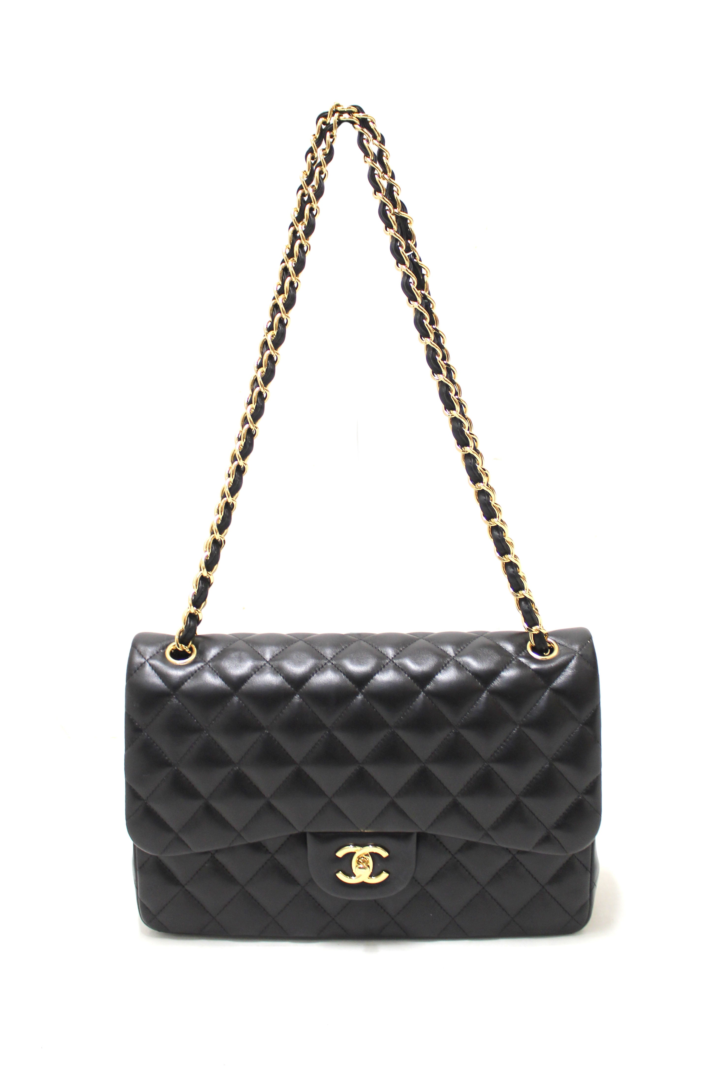 Authentic Chanel Black Quilted Lamskin Leather Classic Jumbo Double Flap Bag