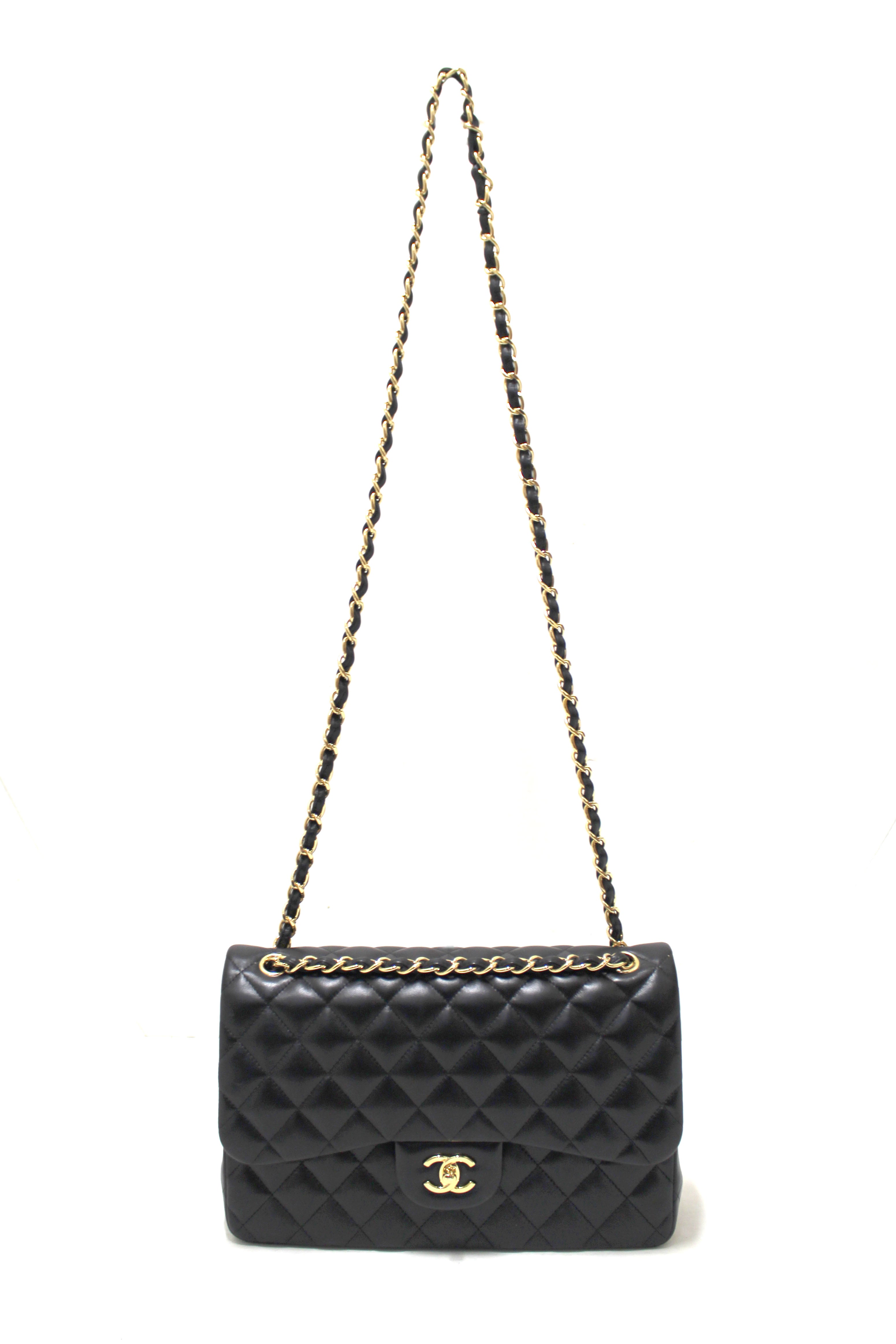Authentic Chanel Black Quilted Lamskin Leather Classic Jumbo Double Flap Bag