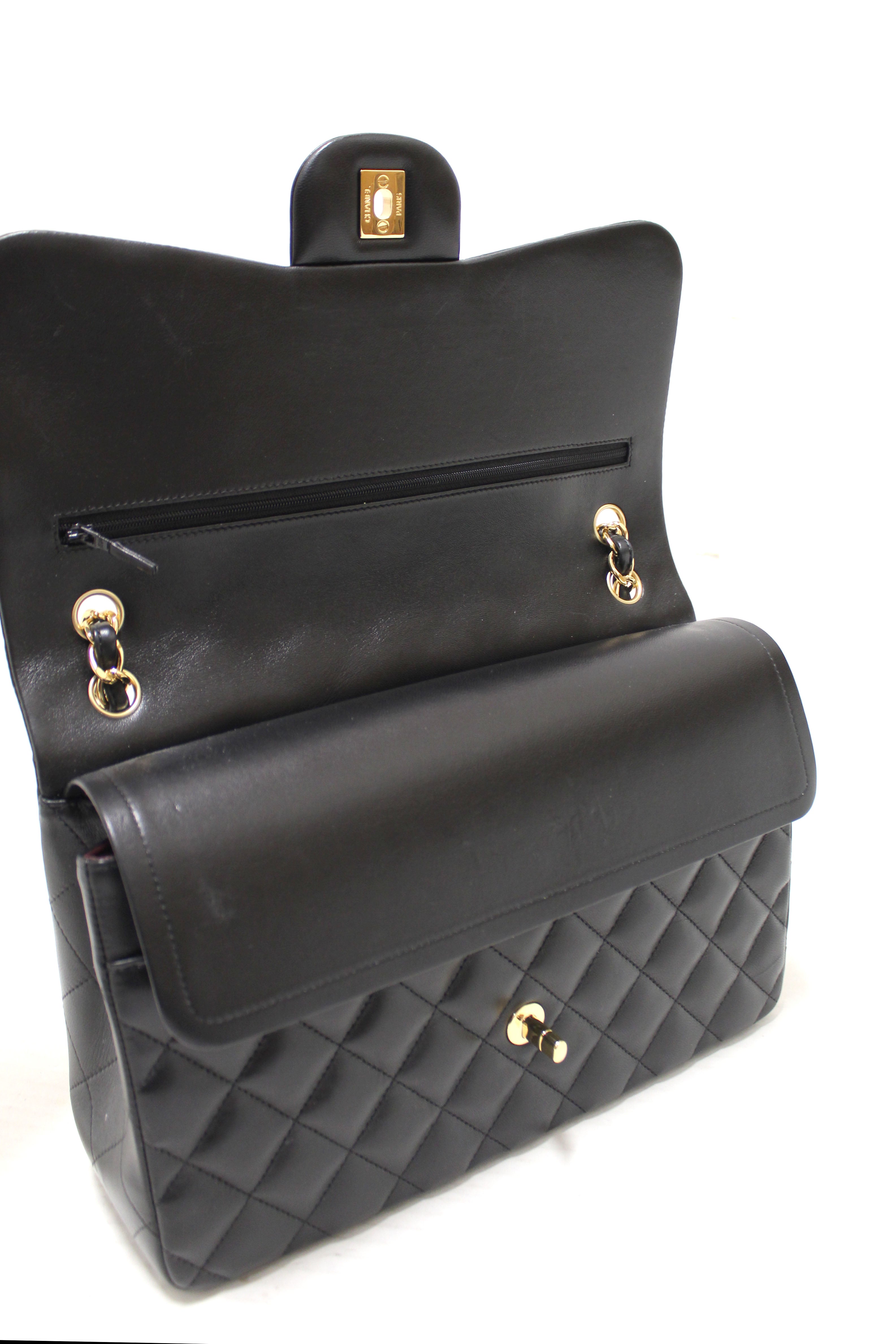 Authentic Chanel Black Quilted Lamskin Leather Classic Jumbo Double Flap Bag