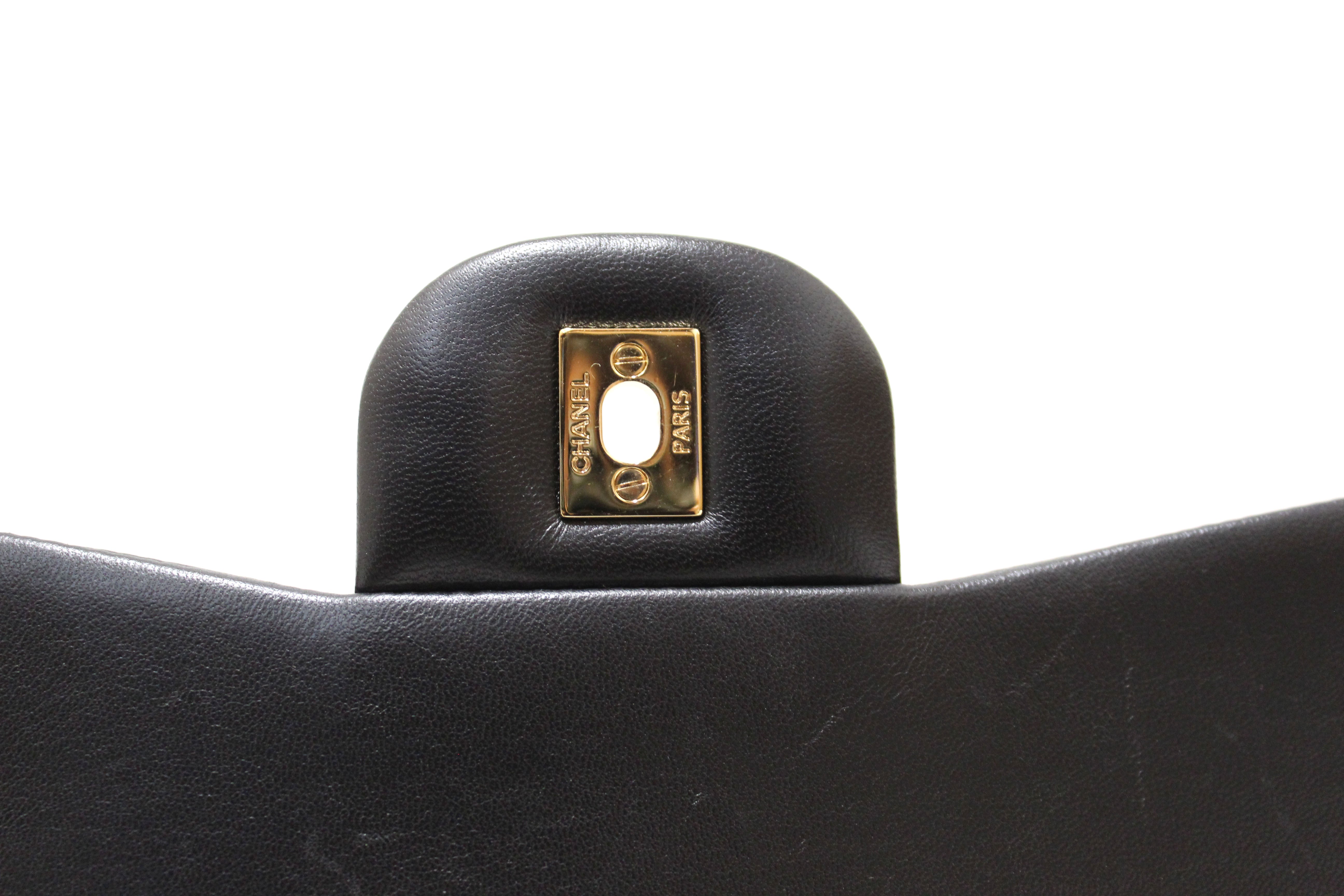 Authentic Chanel Black Quilted Lamskin Leather Classic Jumbo Double Flap Bag