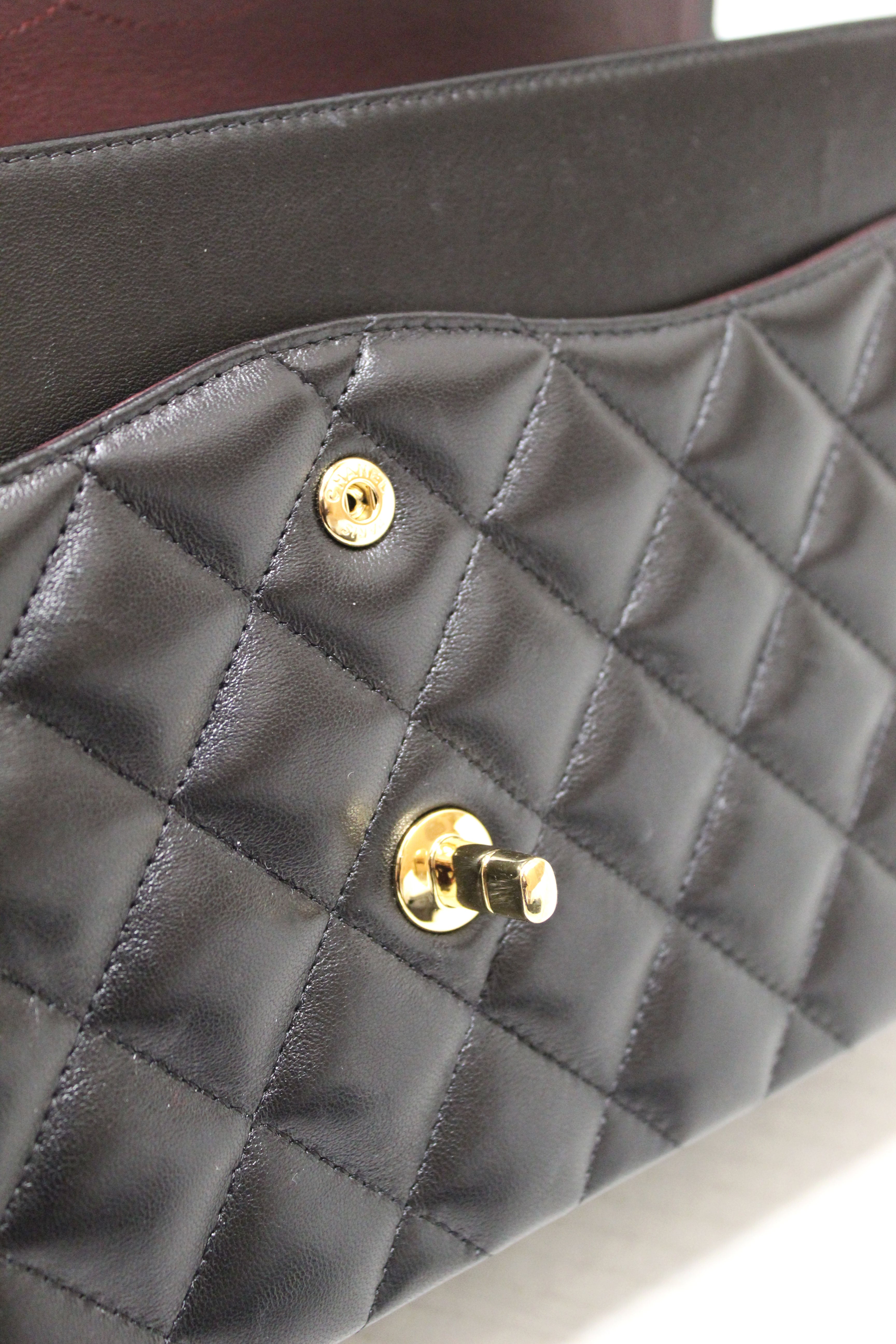 Authentic Chanel Black Quilted Lamskin Leather Classic Jumbo Double Flap Bag