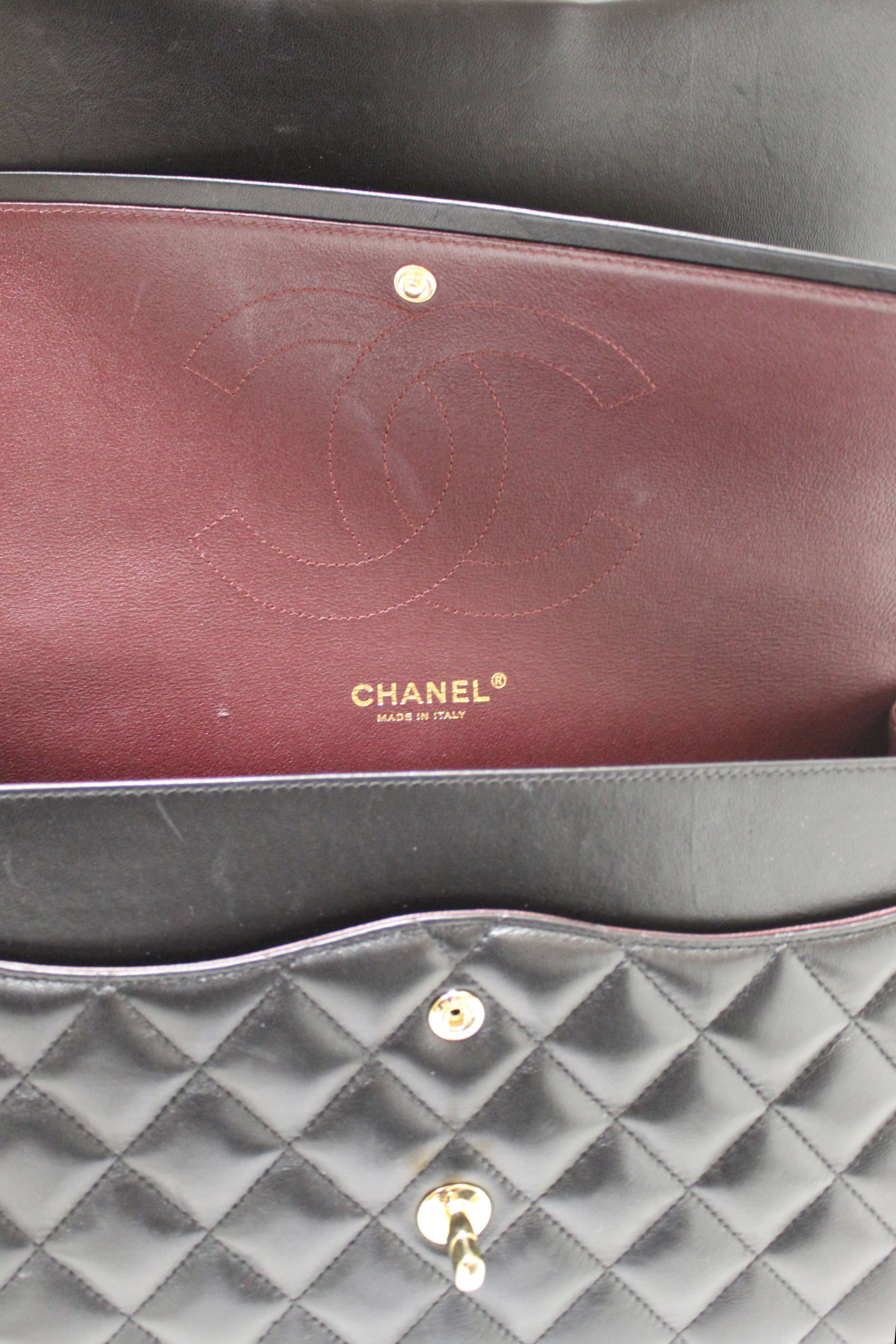 Authentic Chanel Black Quilted Lamskin Leather Classic Jumbo Double Flap Bag