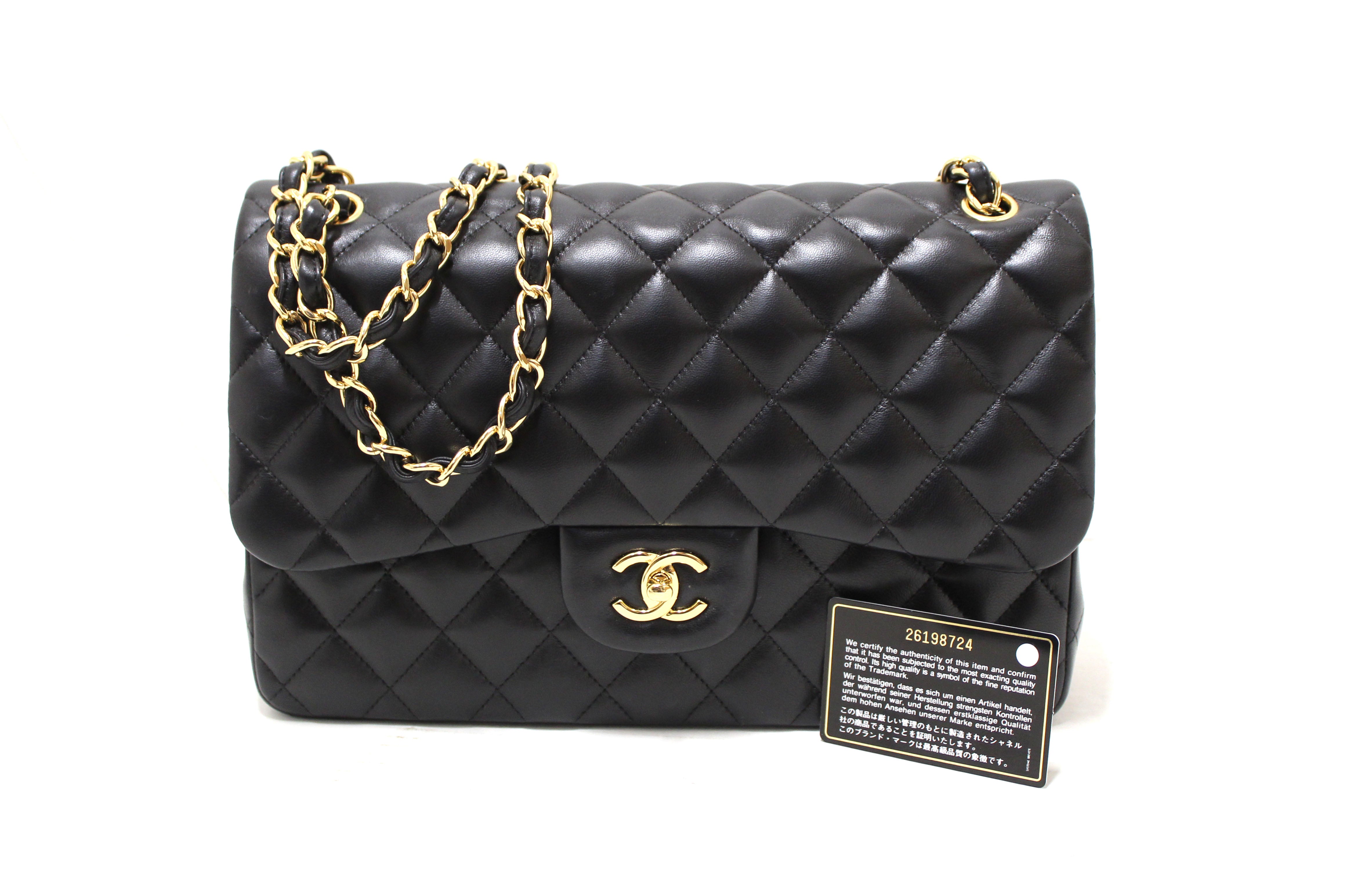 Authentic Chanel Black Quilted Lamskin Leather Classic Jumbo Double Flap Bag