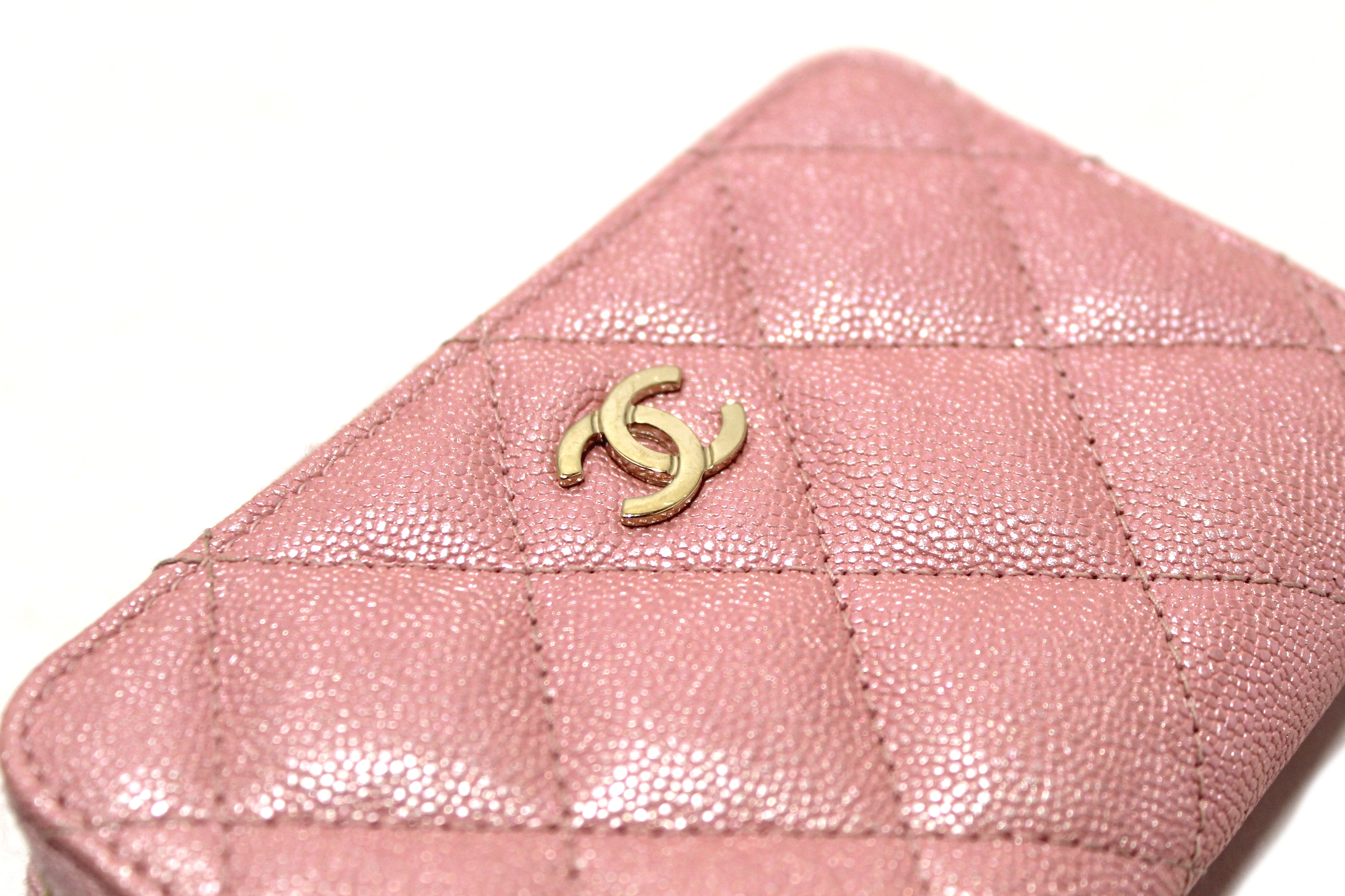 Authentic Chanel Iridescent Rose Pink Quilted Caviar Leather Classic Zipped Coin Purse