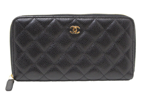 Authentic Chanel Black Quilted Caviar Leather Classic Long Zipped Wallet