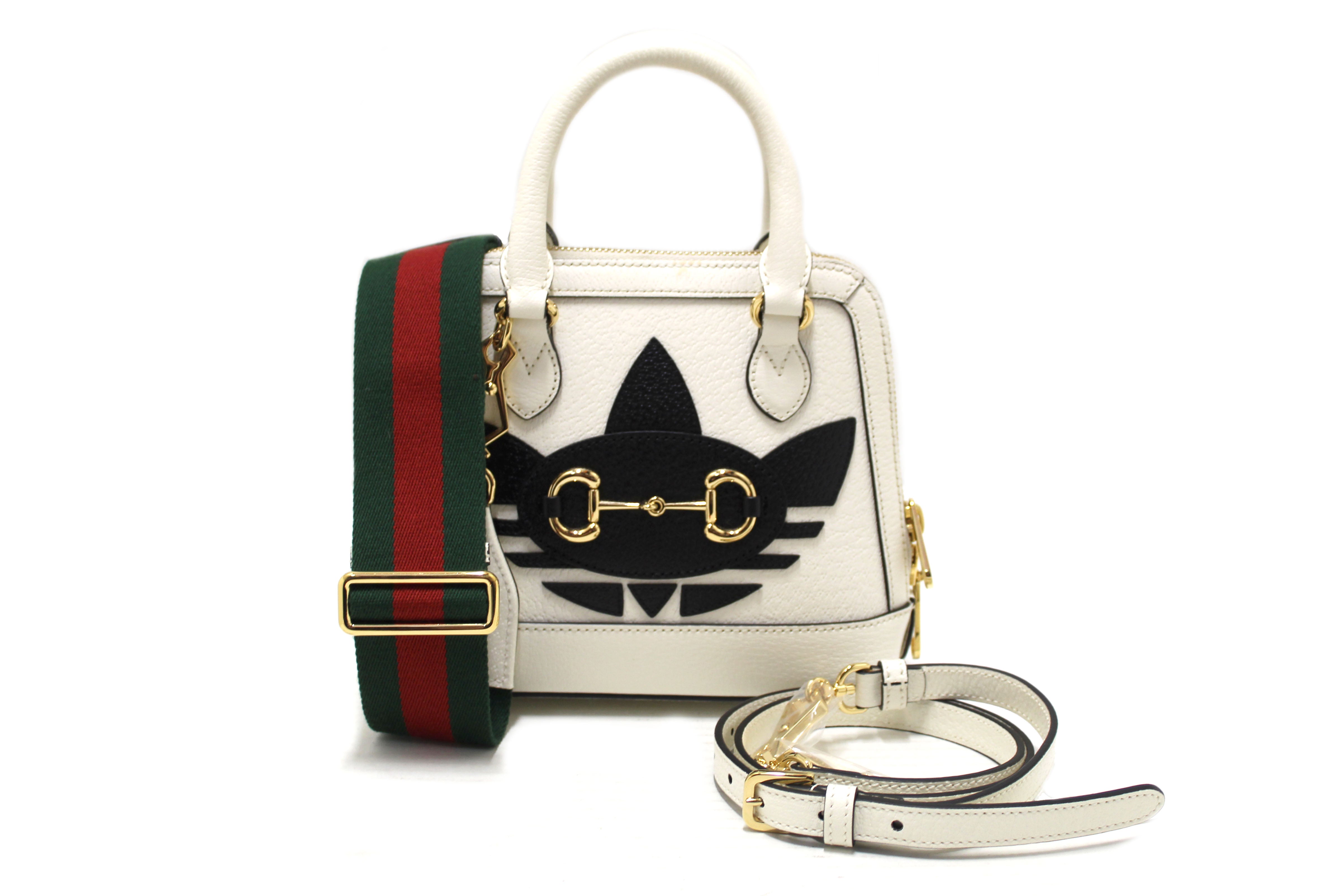 Authentic Limited Edition Adidas x Gucci Horsebit 1955 Mini Top Handle White Leather Bag