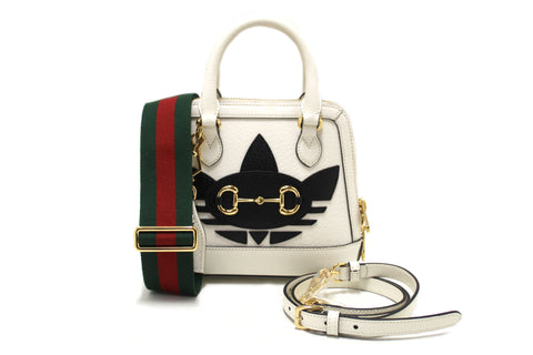 Authentic Limited Edition Adidas x Gucci Horsebit 1955 Mini Top Handle White Leather Bag