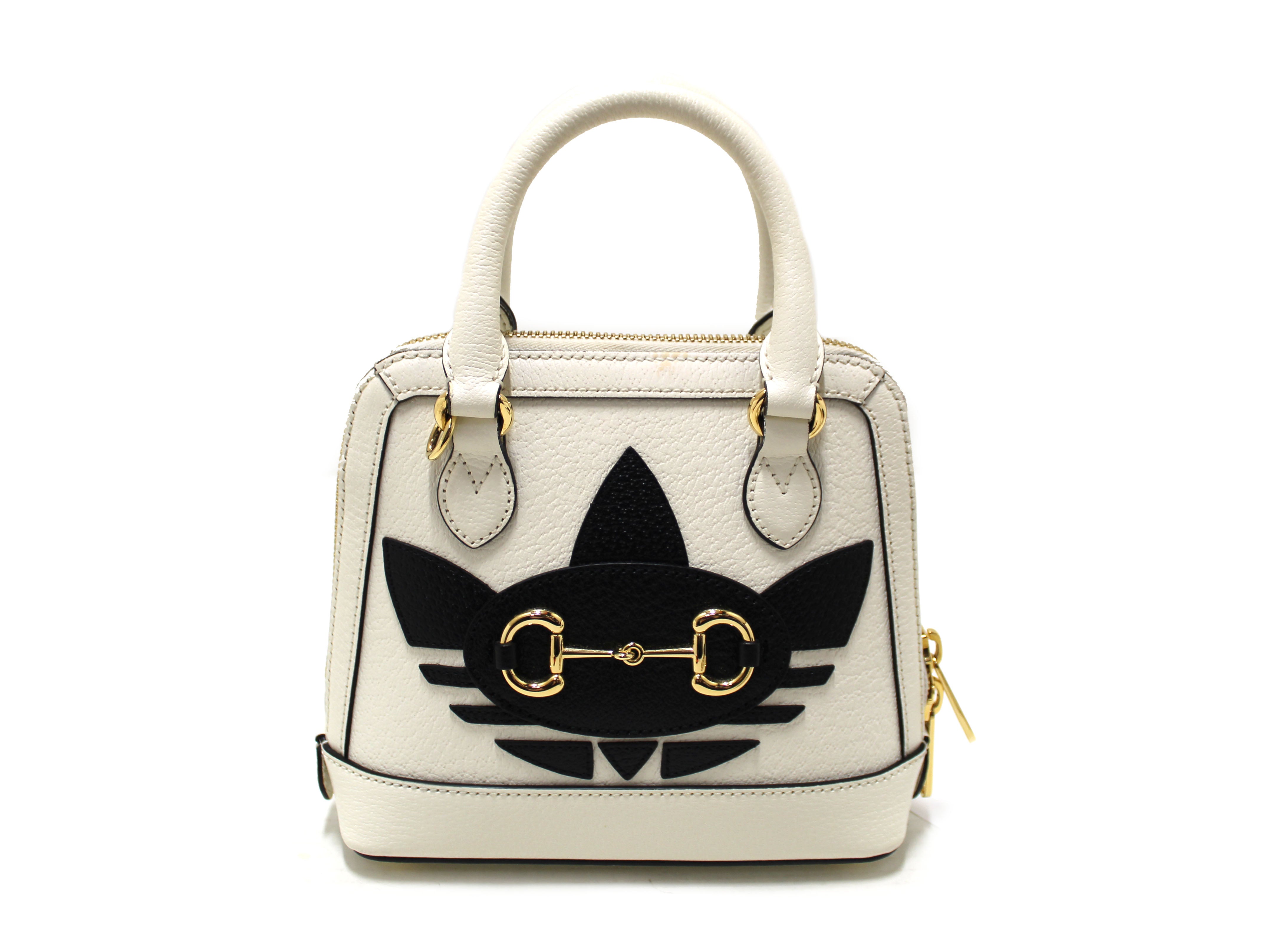 Authentic Limited Edition Adidas x Gucci Horsebit 1955 Mini Top Handle White Leather Bag