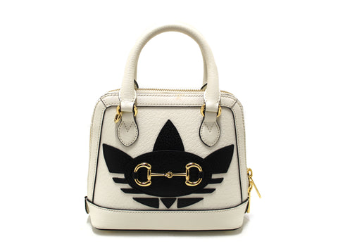 Authentic Limited Edition Adidas x Gucci Horsebit 1955 Mini Top Handle White Leather Bag