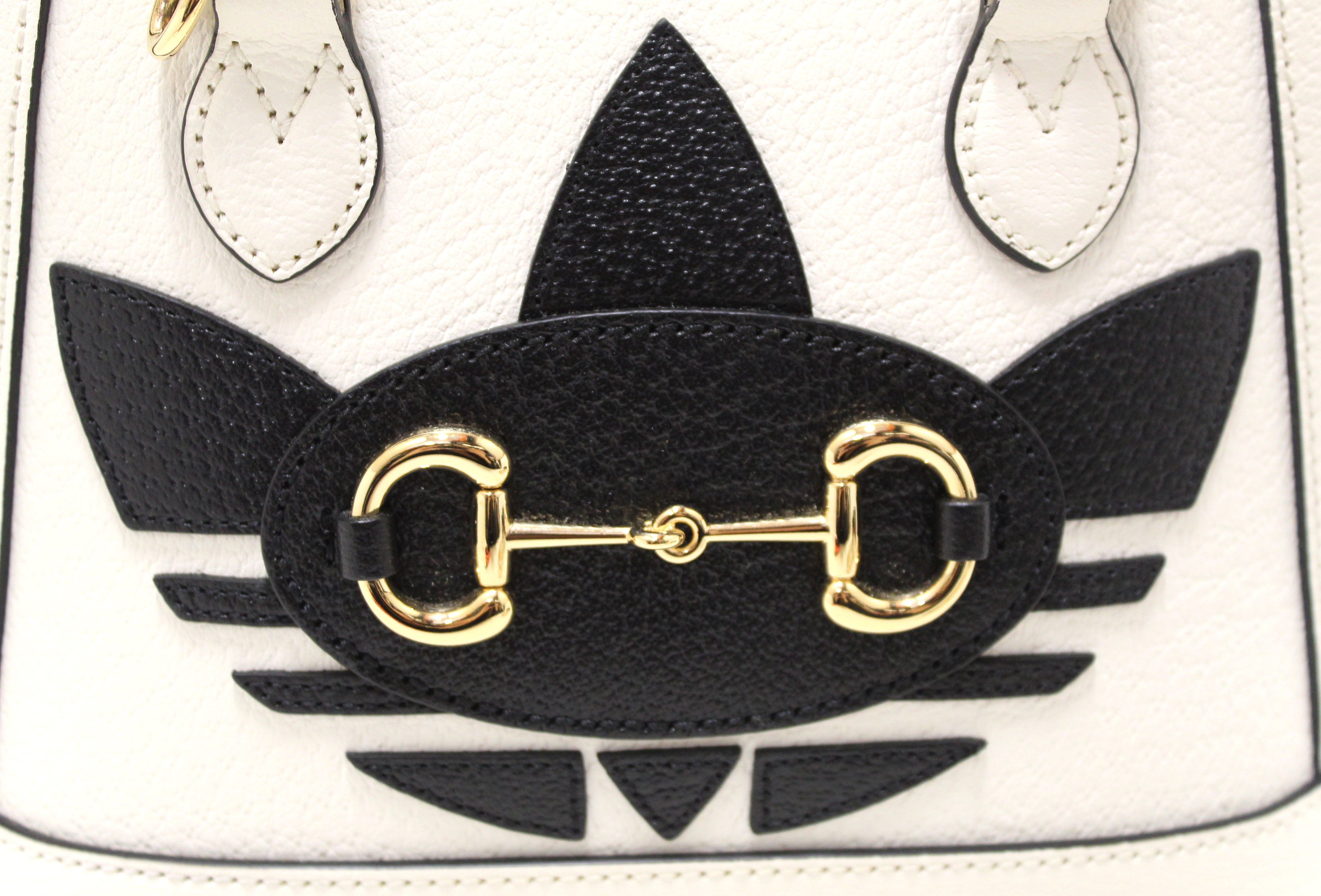Authentic Limited Edition Adidas x Gucci Horsebit 1955 Mini Top Handle White Leather Bag