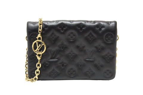 Authentic Louis Vuitton Black Monogram-Embossed Lambskin Pochette Coussin Bag