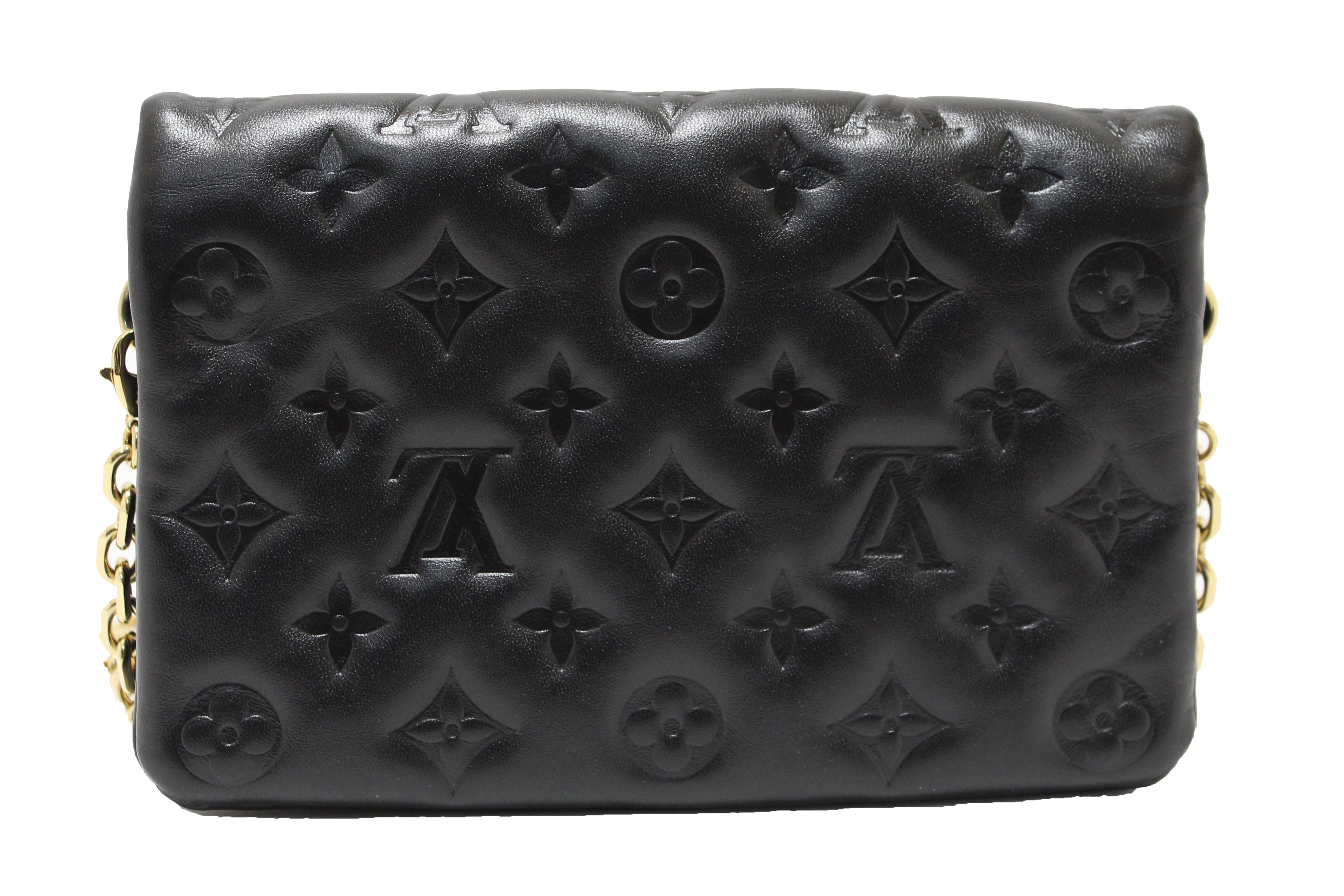 Authentic Louis Vuitton Black Monogram-Embossed Lambskin Pochette Coussin Bag