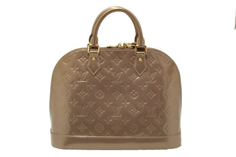 Authentic Louis Vuitton Beige Monogram Vernis Leather Alma PM Handbag