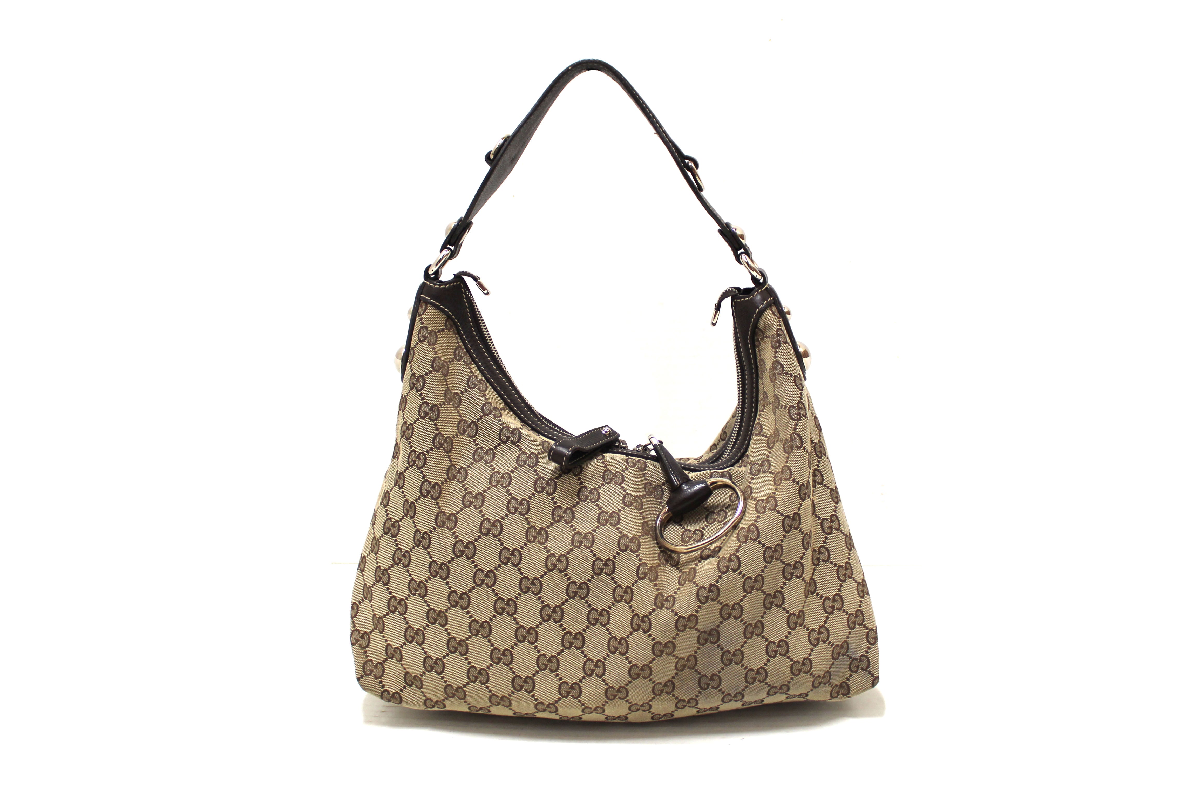 Authentic Gucci Brown GG Canvas Icon Bit Medium Hobo Shoulder Bag