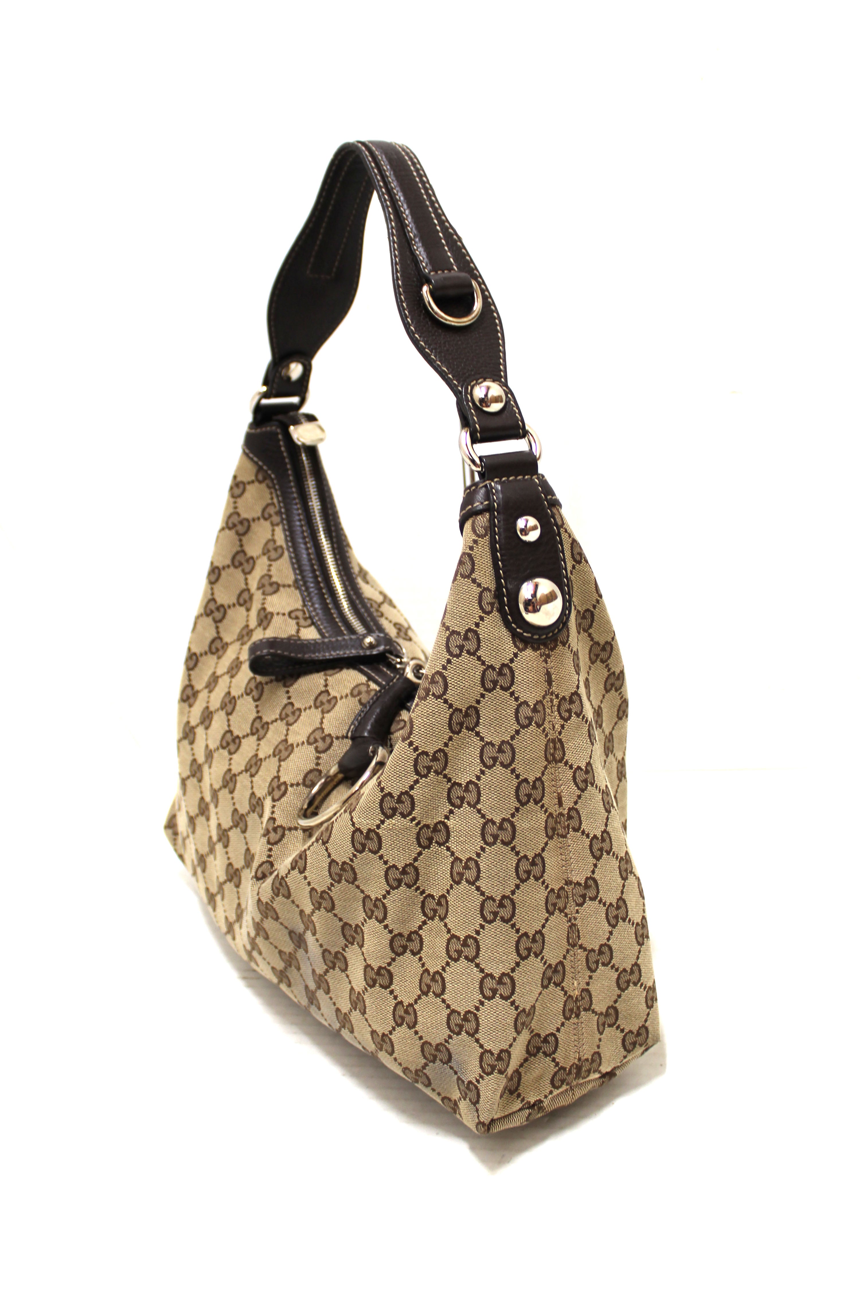 Authentic Gucci Brown GG Canvas Icon Bit Medium Hobo Shoulder Bag