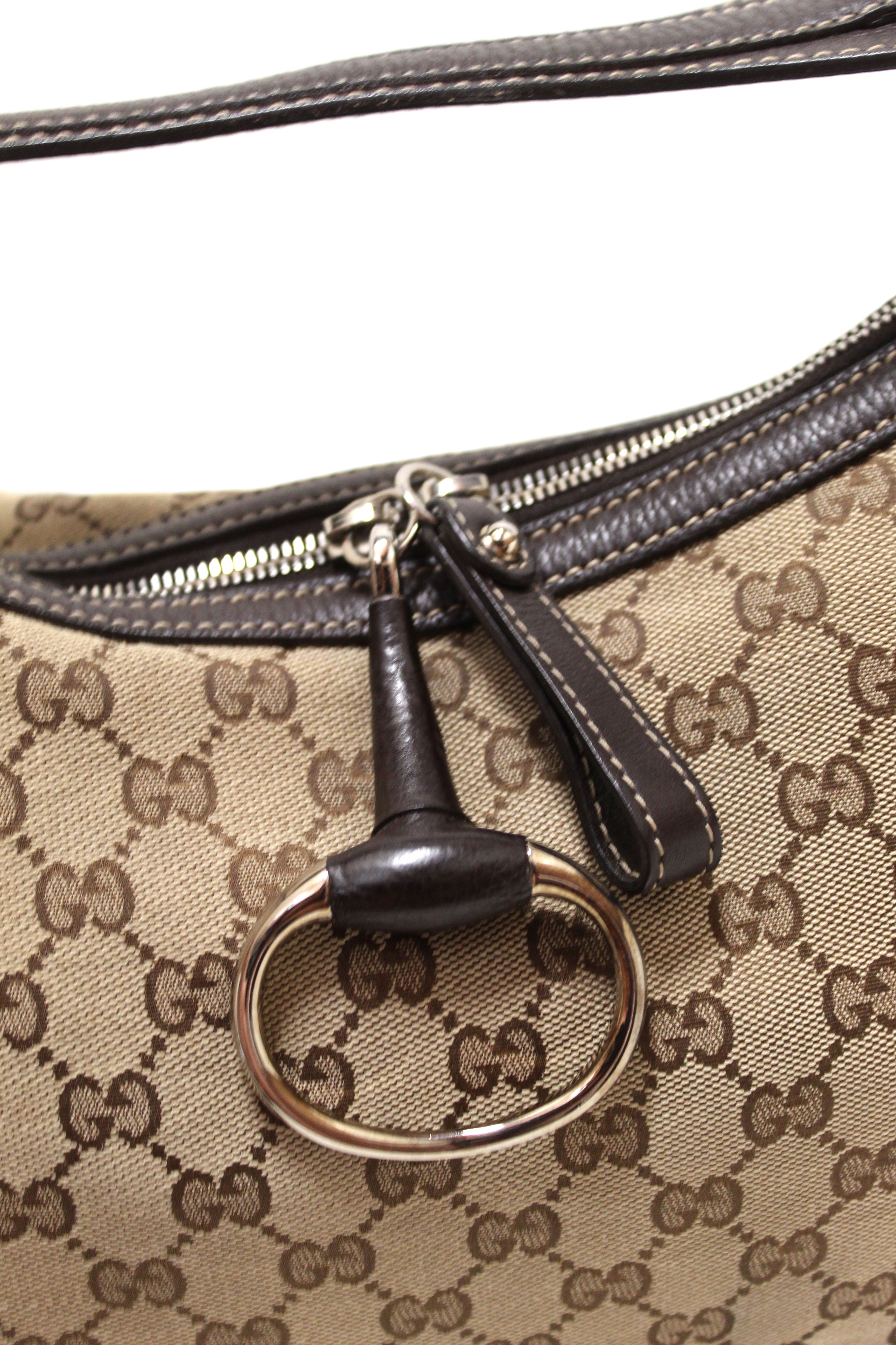 Authentic Gucci Brown GG Canvas Icon Bit Medium Hobo Shoulder Bag