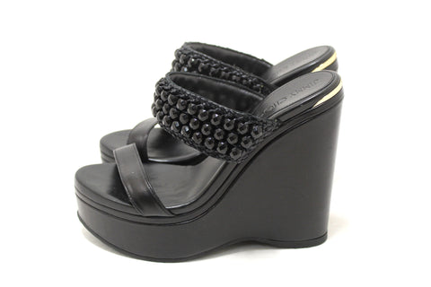 Jimmy Choo Black Leather Amoure Beaded Wedge Sandals Shoes Size 37