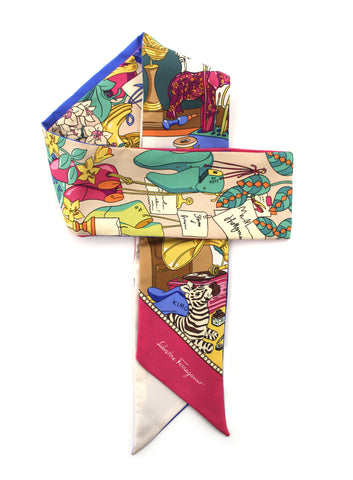 Authentic Salvatore Ferragamo Silk Multicolor Studio Print Twilly