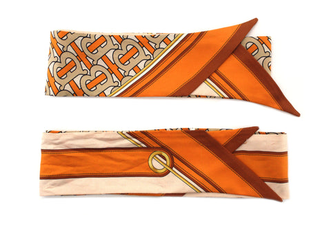 Authentic Burberry Orange TB Monogram Reversible Silk & Wool Skinny Scarf