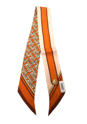 Authentic Burberry Orange TB Monogram Reversible Silk & Wool Skinny Scarf