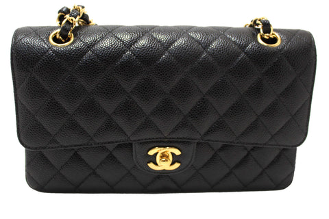 Authentic Chanel Classic Black Quilted Caviar Leather Classic Medium Double Flap Bag