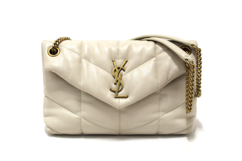 Authentic Yves Saint Laurent White Quilted Lambskin Toy Loulou Puffer Monogram Chain Satchel Bag