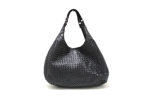 Authentic Bottega Veneta Black Nappa Intrecciato Large Campana Shoulder Hobo Bag