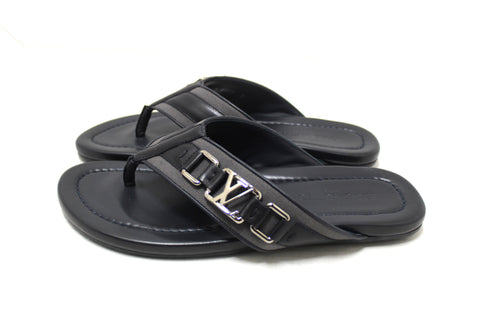 Authentic New Louis Vuitton Black Leather Atoll Thong Slipper Sandals Shoes Size 8