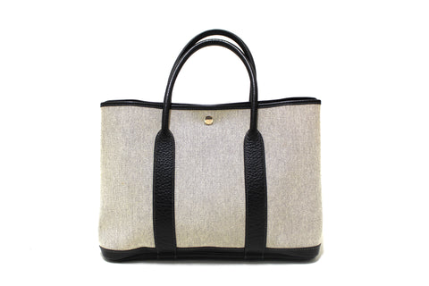 Authentic Hermes Grey Toile and Black Leather Garden Party 36 MM Tote Bag