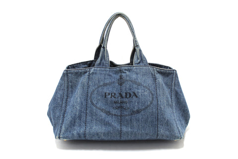 Authentic Prada Blue Large Canapa Denim Tote Handbag