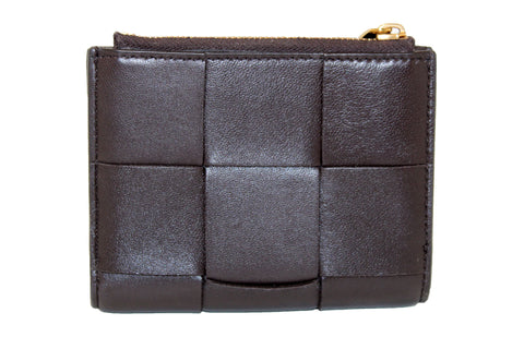 Authentic Bottega Veneta Brown Intreccio Leather Small Bi-Fold Zip Wallet