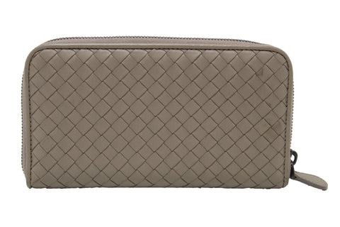 Authentic Bottega Veneta Grey Nappa Intrecciato Leather Zip Around Wallet