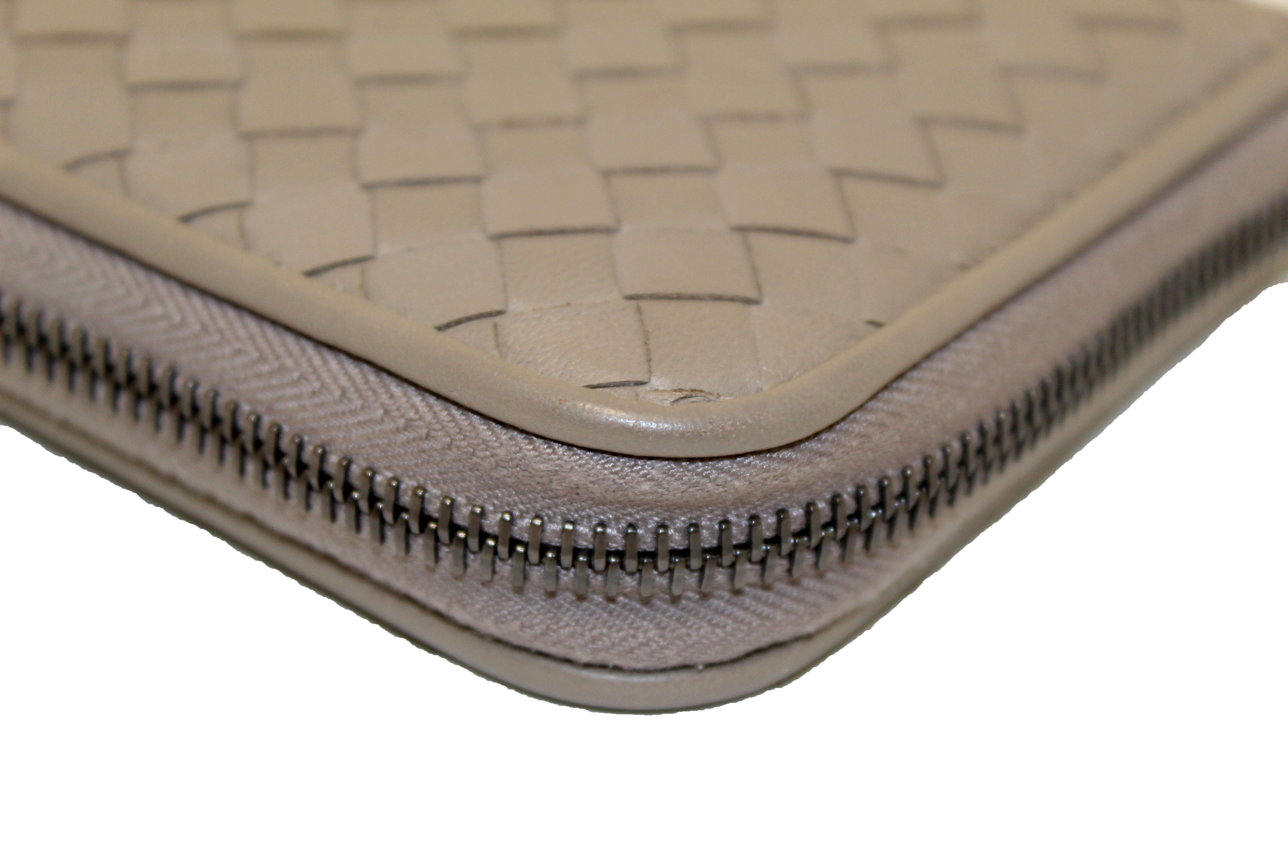 Authentic Bottega Veneta Grey Nappa Intrecciato Leather Zip Around Wallet