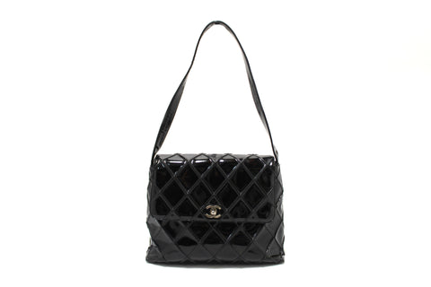 Authentic Chanel Black Quilted Patent Leather CC Twist Flap Shoulder Bag