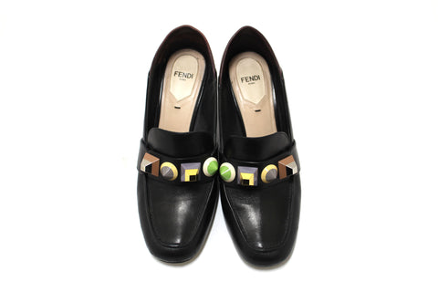 Authentic Fendi Black and Maroon Leather Studded Loafer Shoes Size 38.5
