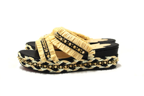 Authentic Christian Louboutin Beige Black Voltinoudou Raffia Wedge Sandals Size 39