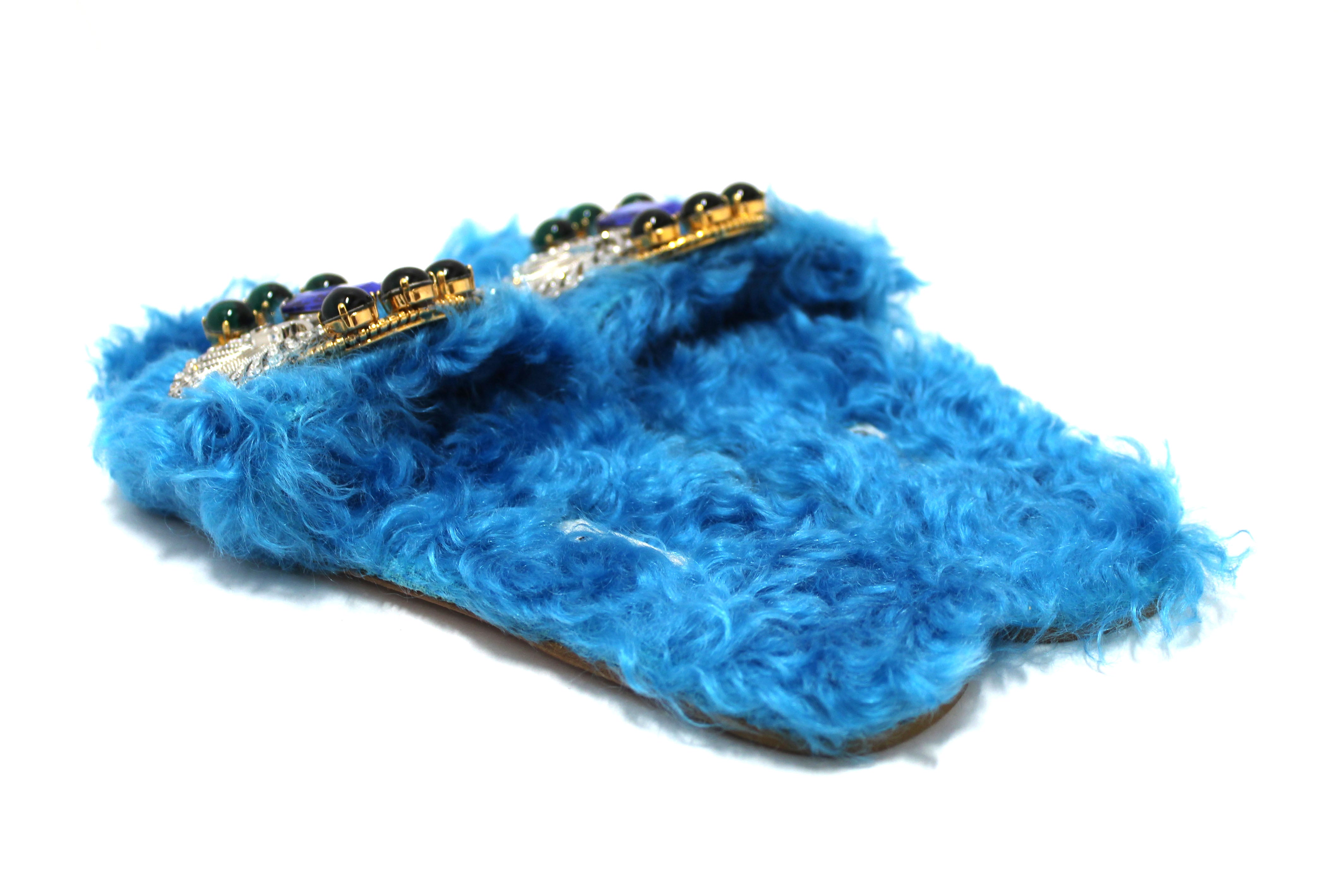 Authentic Miu Miu Teal Turquoise Blue Sherling Fur Rhinestones Flat Sandals Shoes Size 35