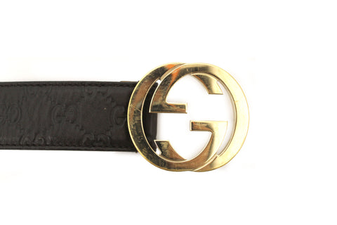 Authentic Gucci Black Signature Leather with Gold GG Buckle Belt size 38