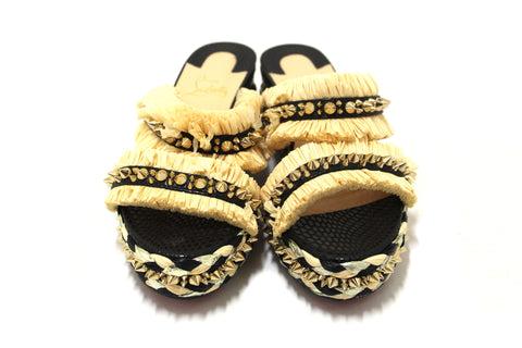 Authentic Christian Louboutin Beige Black Voltinoudou Raffia Wedge Sandals Size 39