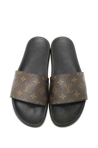 Authentic Louis Vuitton Men's Classic Monogram With Black Leather Waterfront Mule Size 9