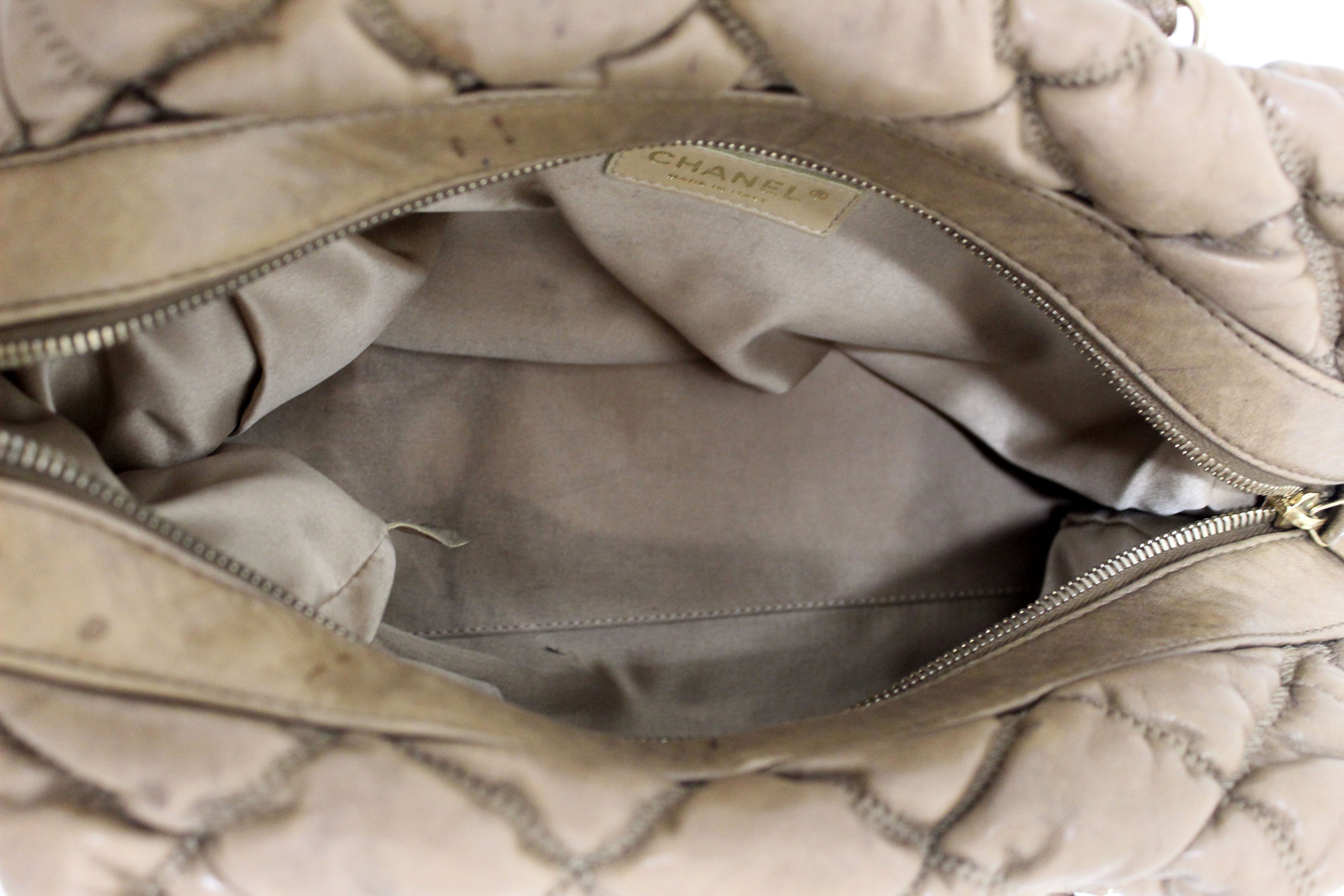 Authentic Chanel Beige Bubble Quilted Lambskin Leather Bowler Bag