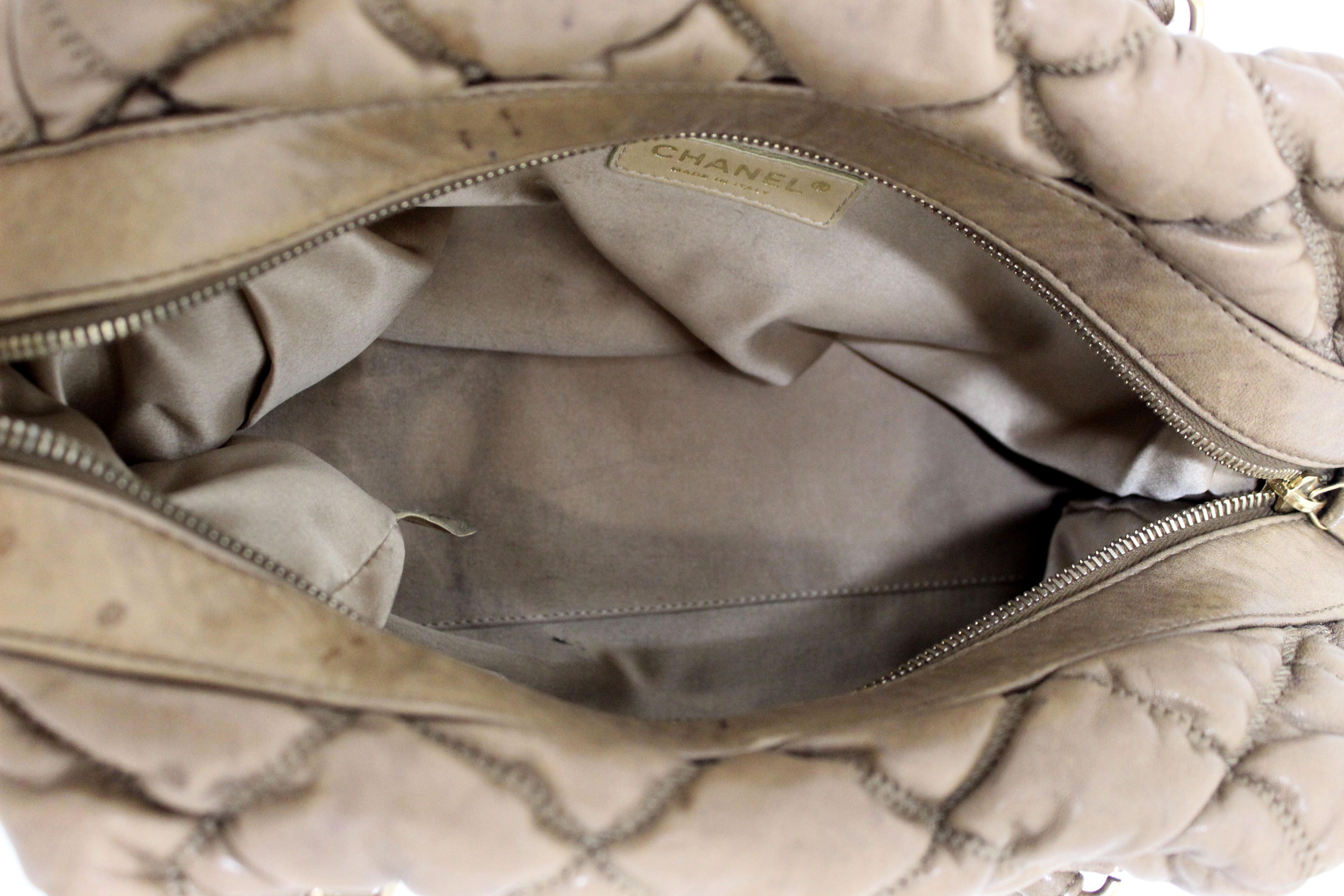 Authentic Chanel Beige Bubble Quilted Lambskin Leather Bowler Bag