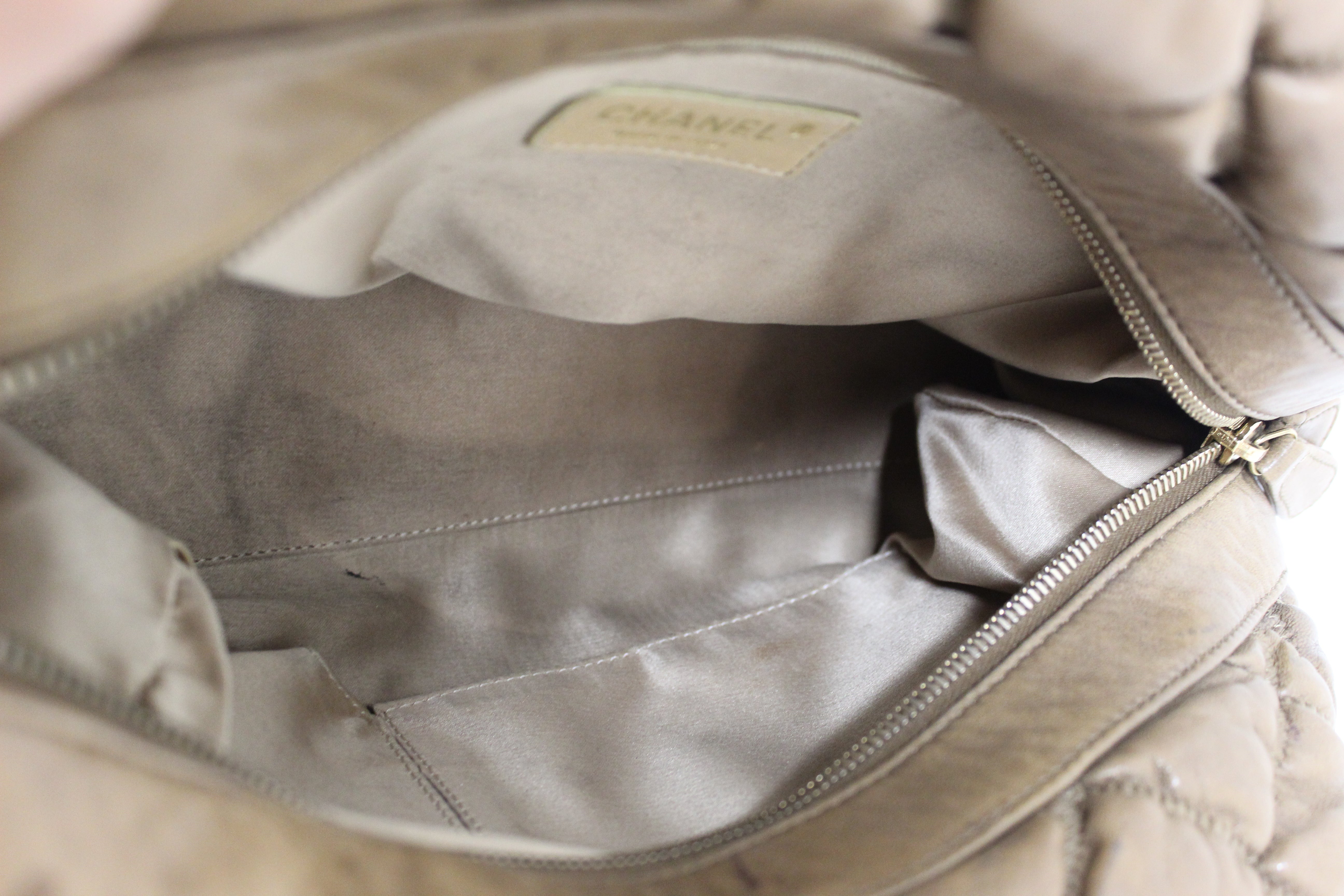 Authentic Chanel Beige Bubble Quilted Lambskin Leather Bowler Bag