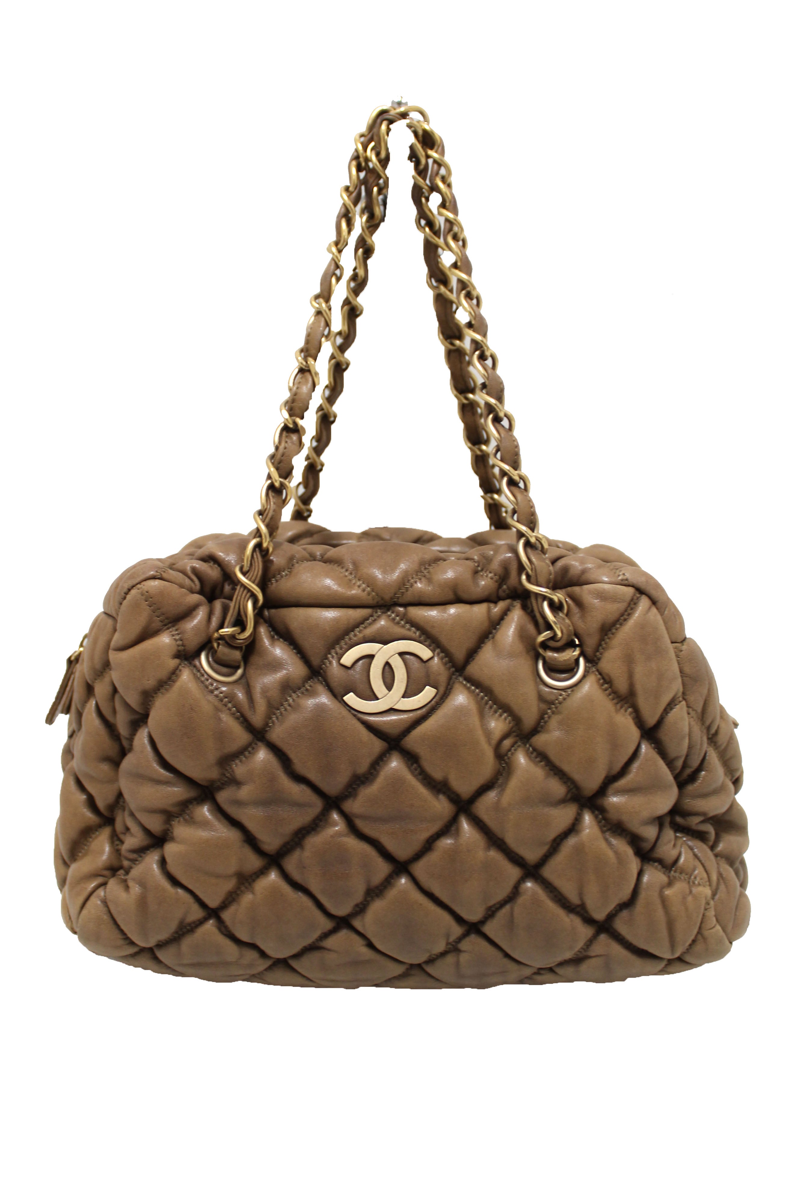 Authentic Chanel Beige Bubble Quilted Lambskin Leather Bowler Bag