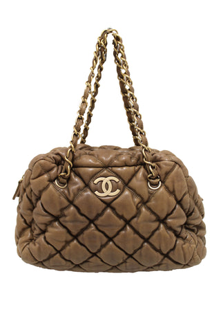 Authentic Chanel Beige Bubble Quilted Lambskin Leather Bowler Bag